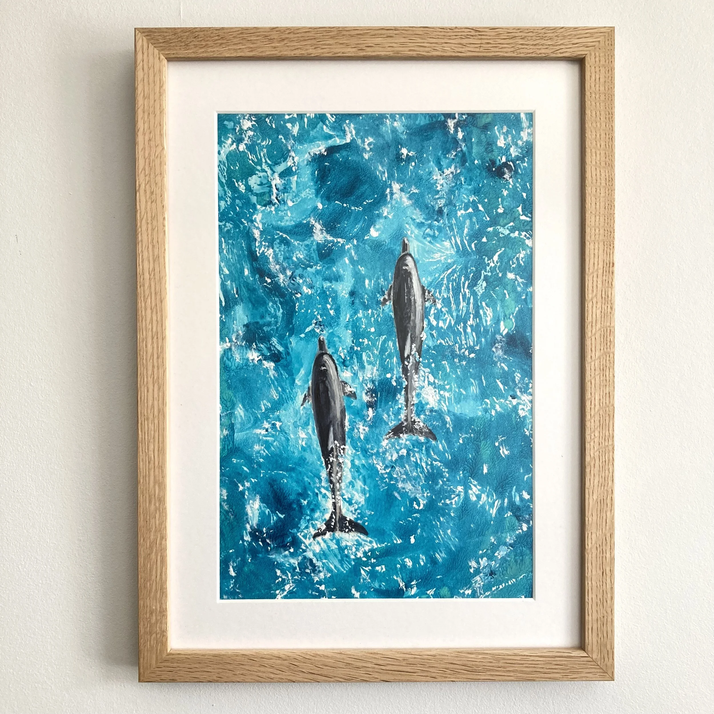 Summer Seas, Bottlenose Dolphins Mono Print by Joy Clifton, Aerial